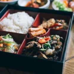 Take away box with variety of Korean food